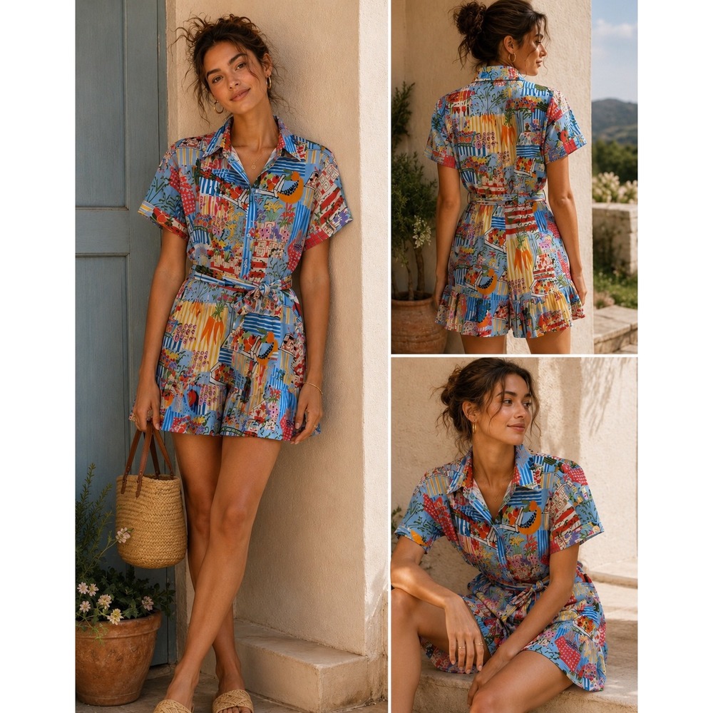 FRNCH Paris Clemire Farmers Market Romper NWT L Colorful Mediterranean Print